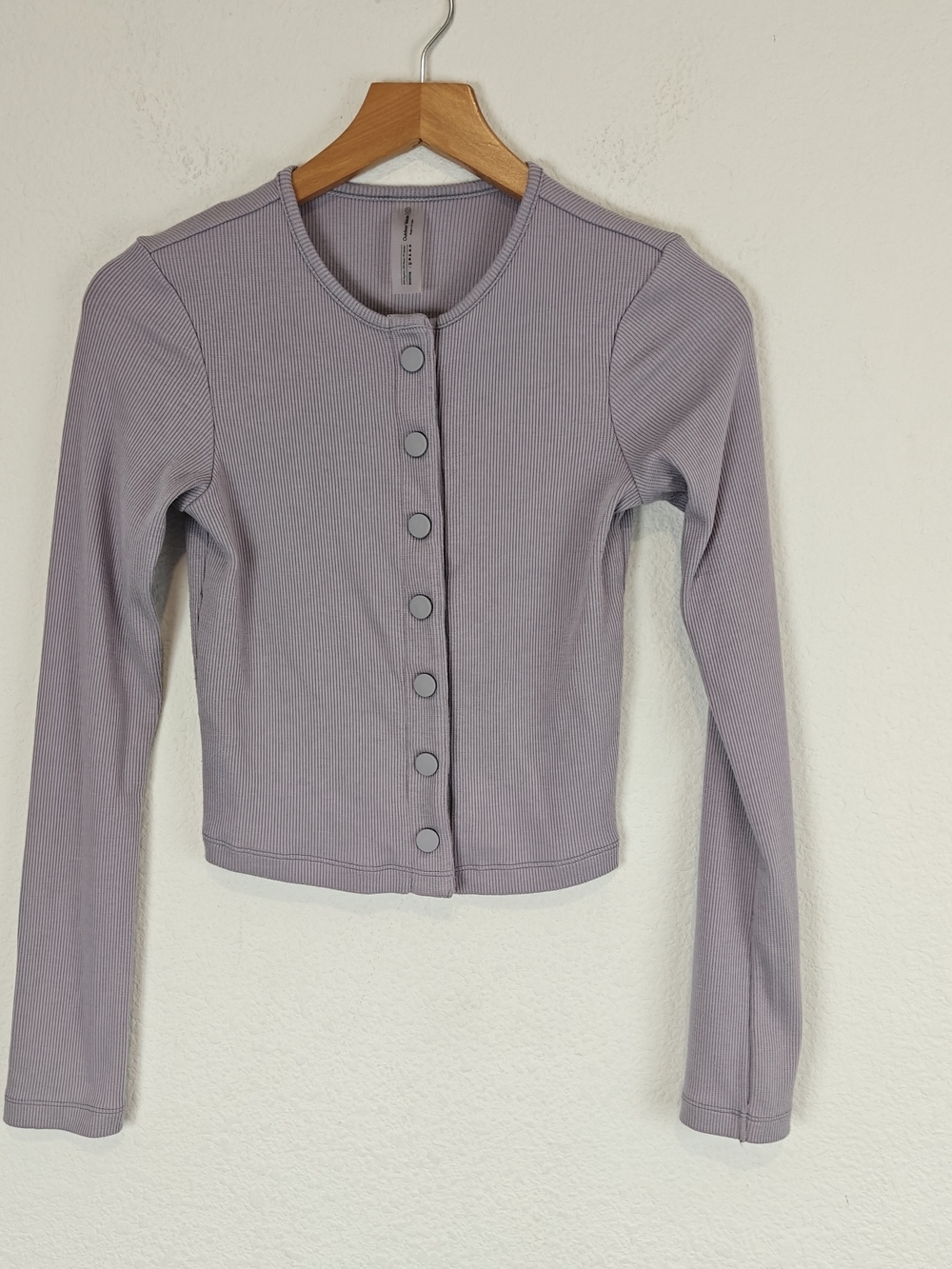 Outdoor Voices Cozy Rib Cropped Cardigan Earl Grey/Lavender Soft Girl Athleisure - Picture 3 of 13